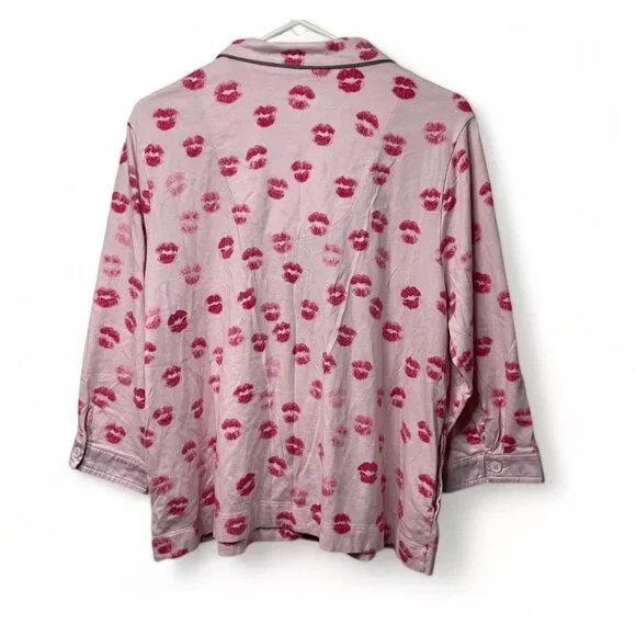 DKNY Womens XL Pink Kiss Print Pajama Top Cotton & Modal Long Sleeve Button-Up - Picture 8 of 9